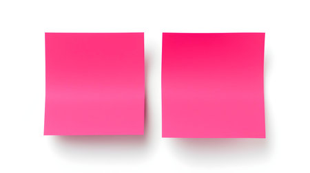 Two hot pink square paper notes on a white background. Brainstorming template with copy spaceの素材
