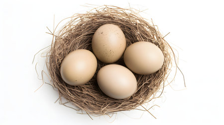 Top view of khaki eggs in a nest on a white background. Easter template with copy spaceの素材