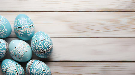 Light Blue Easter Eggs on a wooden background with copy space. Template for a Happy Easter Greeting Cardの素材