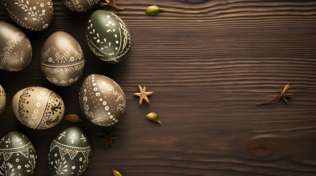 Khaki Easter Eggs on a wooden background with copy space. Template for a Happy Easter Greeting Cardの素材