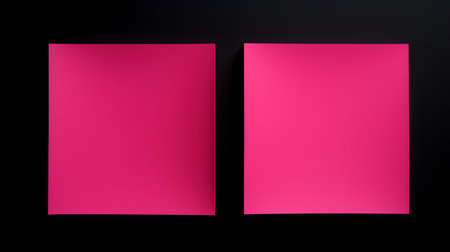 Two hot pink square paper notes on a black background. Brainstorming template with copy spaceの素材
