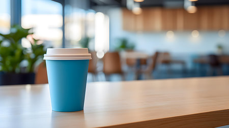 Light blue coffee cup on a wooden table. Blurred Interior Backgroundの素材