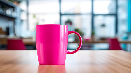 Hot pink coffee cup on a wooden table. Blurred Interior Backgroundの素材