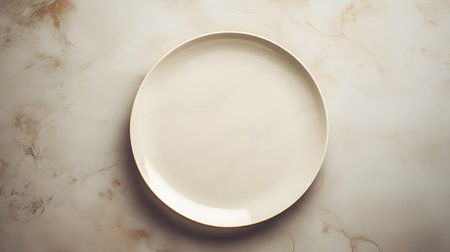 Top view of an empty plate in ivory colors on a white marble background. Elegant template with copy spaceの素材