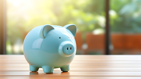 Light Blue Piggy Bank on a wooden table. Blurred Interior Backgroundの素材