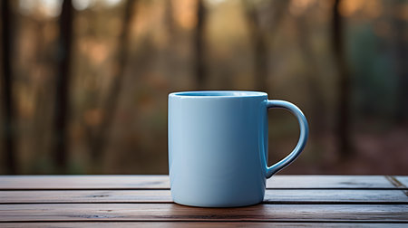 Close up of a light blue mug on a wooden table in a forest. Blurred natural backgroundの素材