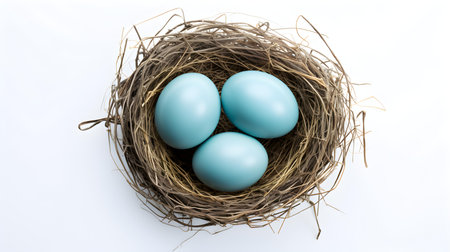 Top view of light blue eggs in a nest on a white background. Easter template with copy spaceの素材