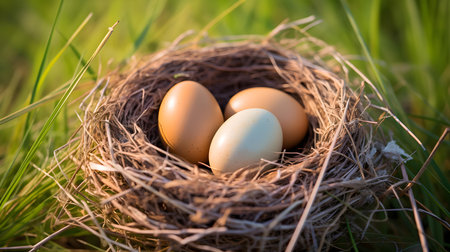 Close up of light brown eggs in a nest among spring grass. Selective focusの素材
