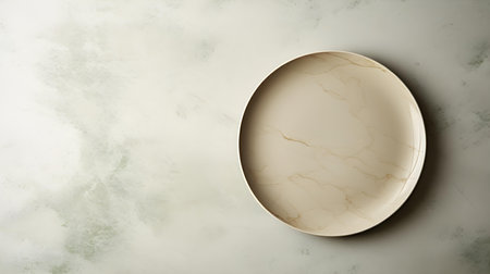 Top view of an empty plate in khaki colors on a white marble background. Elegant template with copy spaceの素材