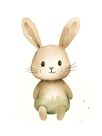 Watercolor drawing of a khaki bunny on a white background. Easter Card Template with Copy Spaceの素材