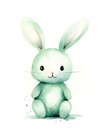 Watercolor drawing of a light green bunny on a white background. Easter Card Template with Copy Spaceの素材