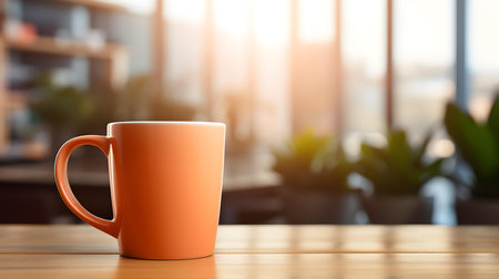Light Orange Coffee Cup on a wooden table. Blurred Interior Backgroundの素材