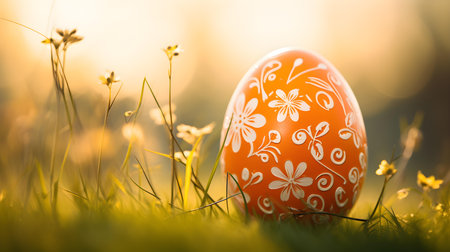 Close up of a light orange Easter Egg in the grass. Blurred natural backgroundの素材