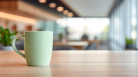 Light green coffee cup on a wooden table. Blurred Interior Backgroundの素材