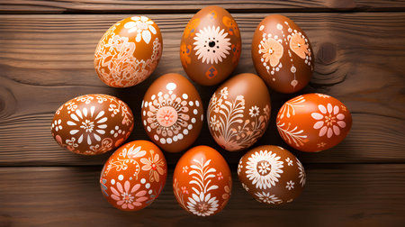 Light Orange Easter Eggs on a wooden background with copy space. Template for a Happy Easter Greeting Cardの素材