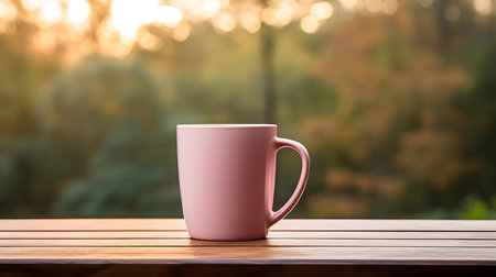 Close up of a light pink mug on a wooden table in a forest. Blurred natural backgroundの素材