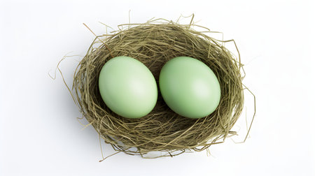 Top view of light green eggs in a nest on a white background. Easter template with copy spaceの素材
