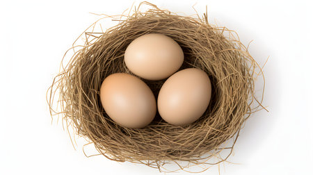 Top view of khaki eggs in a nest on a white background. Easter template with copy spaceの素材