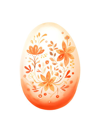 Drawing of an Easter Egg in light orange watercolors. White background with copy spaceの素材