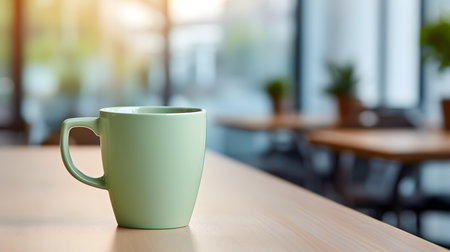 Light green coffee cup on a wooden table. Blurred Interior Backgroundの素材