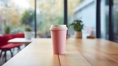 Light pink coffee cup on a wooden table. Blurred Interior Backgroundの素材