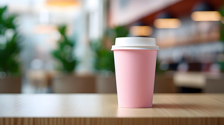 Light pink coffee cup on a wooden table. Blurred Interior Backgroundの素材