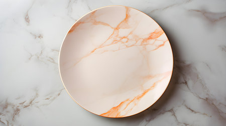 Top view of an empty plate in light orange colors on a white marble background. Elegant template with copy spaceの素材