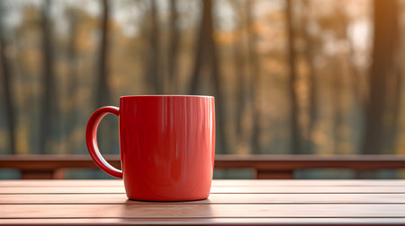 Close up of a light red mug on a wooden table in a forest. Blurred natural backgroundの素材