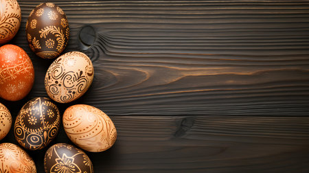Light Orange Easter Eggs on a wooden background with copy space. Template for a Happy Easter Greeting Cardの素材