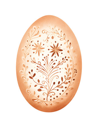 Drawing of an Easter Egg in light brown watercolors. White background with copy spaceの素材