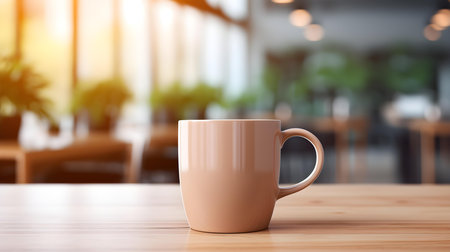 Light brown coffee cup on a wooden table. Blurred Interior Backgroundの素材