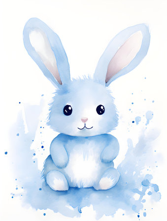 Watercolor drawing of a light blue bunny on a white background. Easter Card Template with Copy Spaceの素材