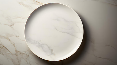 Top view of an empty plate in ivory colors on a white marble background. Elegant template with copy spaceの素材