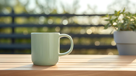 Balcony view of a light green mug on a wooden table. Close up with a blurred backgroundの素材