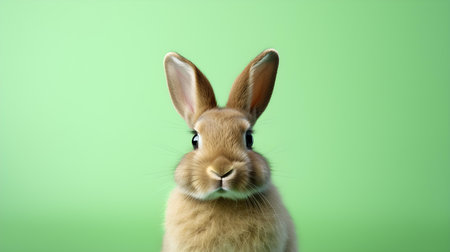 Fluffy Bunny in front of a light green wallpaper. Blank background with copy spaceの素材
