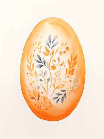 Drawing of an Easter Egg in light orange watercolors. White background with copy spaceの素材