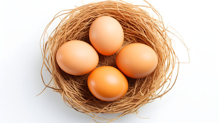 Top view of light orange eggs in a nest on a white background. Easter template with copy spaceの素材