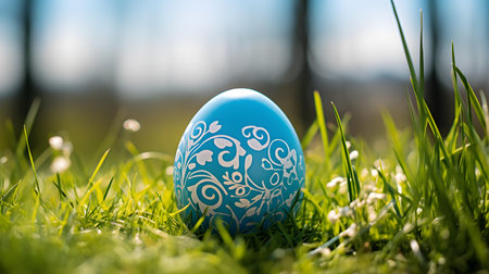 Close up of a light blue Easter Egg in the grass. Blurred natural backgroundの素材