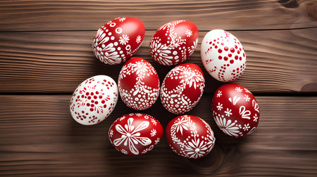 Light Red Easter Eggs on a wooden background with copy space. Template for a Happy Easter Greeting Cardの素材