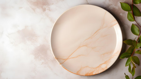 Top view of an empty plate in light brown colors on a white marble background. Elegant template with copy spaceの素材