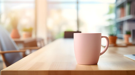 Light pink coffee cup on a wooden table. Blurred Interior Backgroundの素材