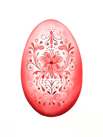 Drawing of an Easter Egg in light red watercolors. White background with copy spaceの素材