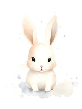 Watercolor drawing of an ivory bunny on a white background. Easter Card Template with Copy Spaceの素材