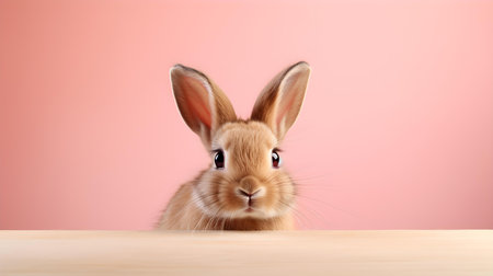 Fluffy Bunny in front of a light red wallpaper. Blank background with copy spaceの素材