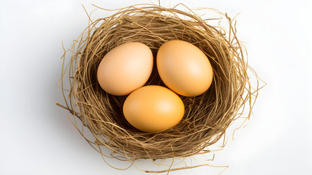 Top view of light orange eggs in a nest on a white background. Easter template with copy spaceの素材
