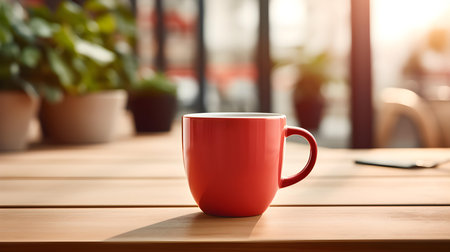 Light red coffee cup on a wooden table. Blurred Interior Backgroundの素材