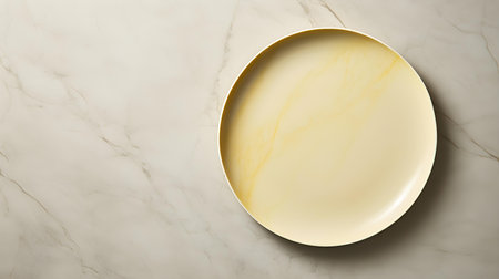 Top view of an empty plate in light yellow colors on a white marble background. Elegant template with copy spaceの素材