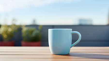 Balcony view of a light blue mug on a wooden table. Close up with a blurred backgroundの素材
