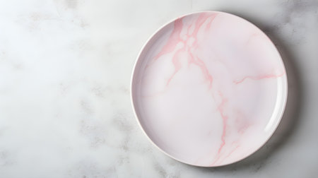 Top view of an empty plate in light pink colors on a white marble background. Elegant template with copy spaceの素材