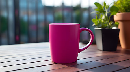 Balcony view of a magenta mug on a wooden table. Close up with a blurred backgroundの素材